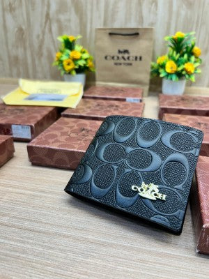 Coach Embossed Signature Leather Bifold Wallet – Black with Gold Logo