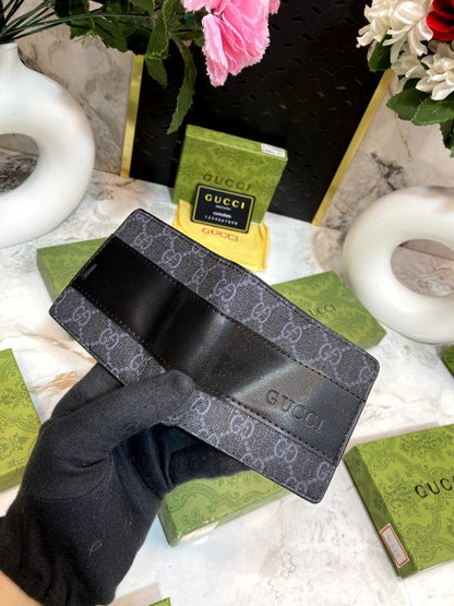 Gucci GG Supreme Black Bi-Fold Wallet with Leather Trim