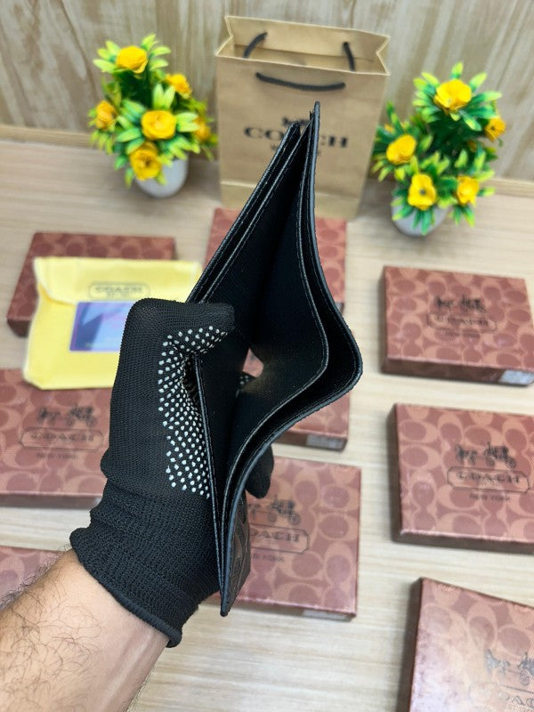 Coach Embossed Signature Leather Bifold Wallet – Black with Gold Logo