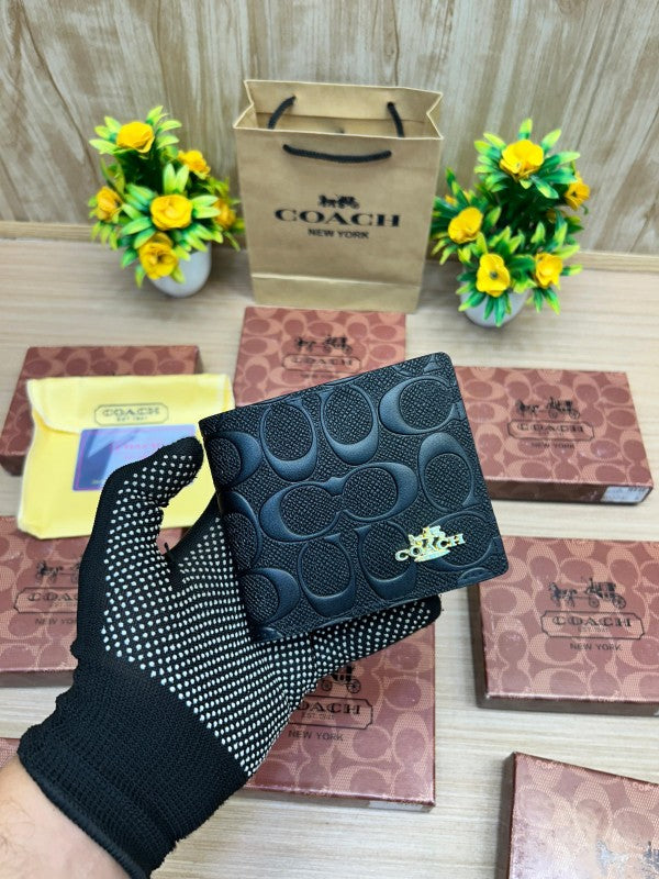 Coach Embossed Signature Leather Bifold Wallet – Black with Gold Logo