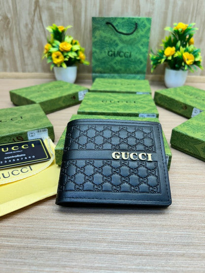 Gucci Embossed GG Leather Bifold Wallet – Gold Logo Edition