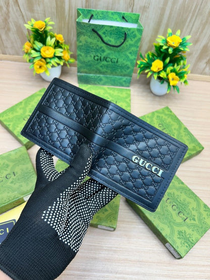Gucci Embossed GG Leather Bifold Wallet – Gold Logo Edition