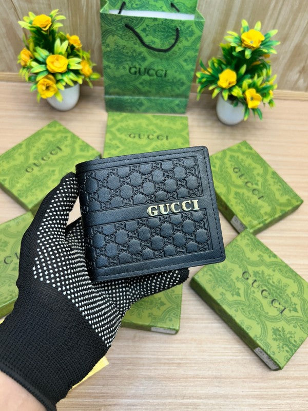 Gucci Embossed GG Leather Bifold Wallet – Gold Logo Edition