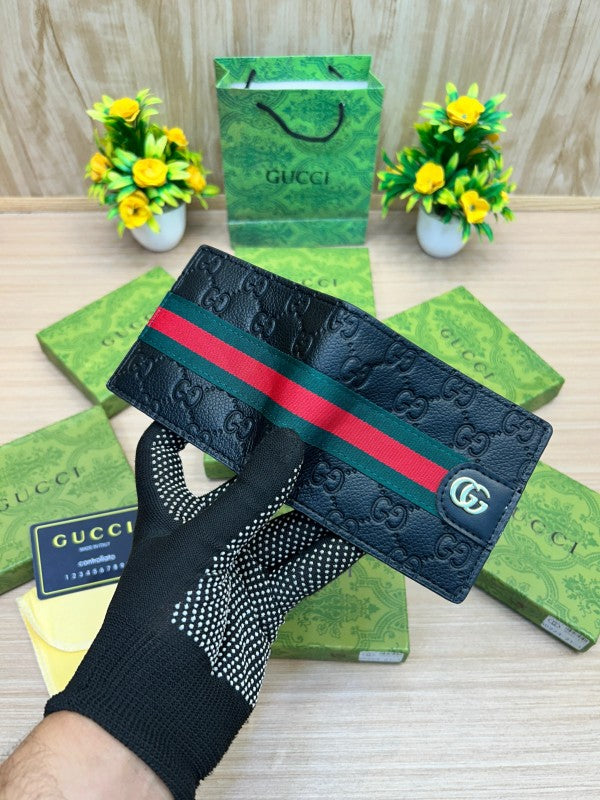 Gucci Signature GG Leather Wallet – Black with Web Stripe & Red GG Emblem
