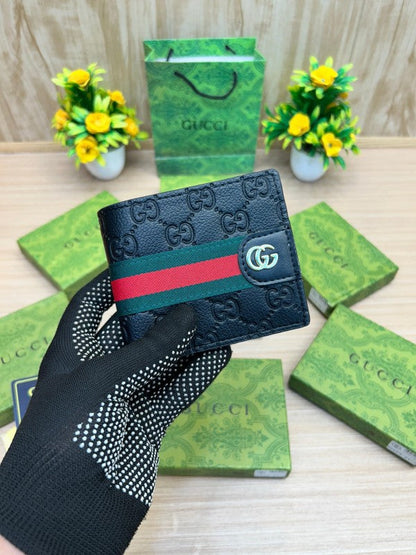 Gucci Signature GG Leather Wallet – Black with Web Stripe & Red GG Emblem