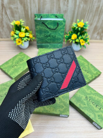 Gucci Black GG Embossed Wallet with Red Diagonal Stripe