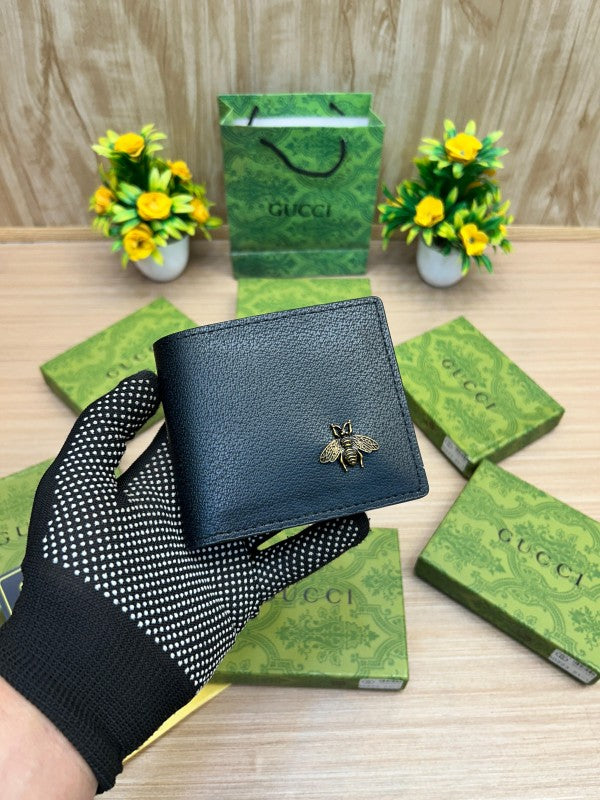 Gucci Black Leather Wallet with Gold Bee Emblem
