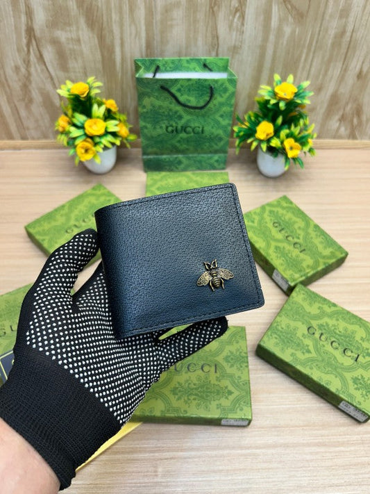Gucci Black Leather Wallet with Gold Bee Emblem