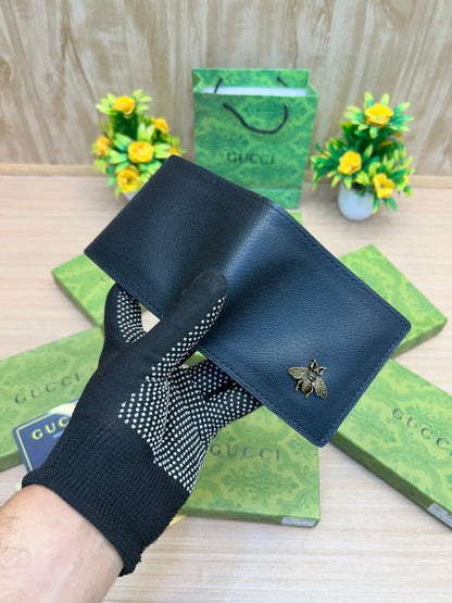 Gucci Black Leather Wallet with Gold Bee Emblem