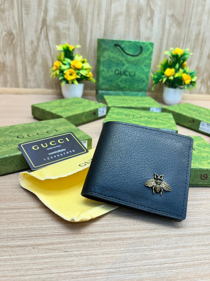Gucci Black Leather Wallet with Gold Bee Emblem