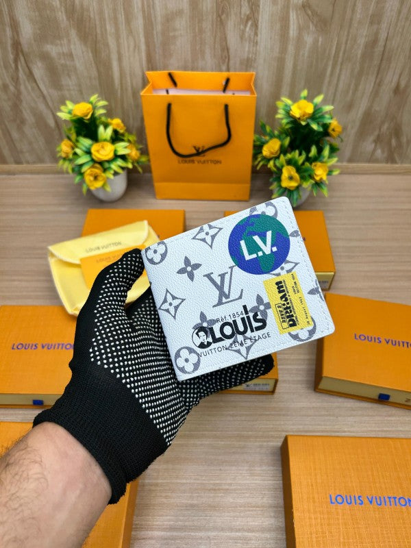 Louis Vuitton Monogram Printed Bi-Fold Wallet – “LV Globe” Edition (White Canvas)